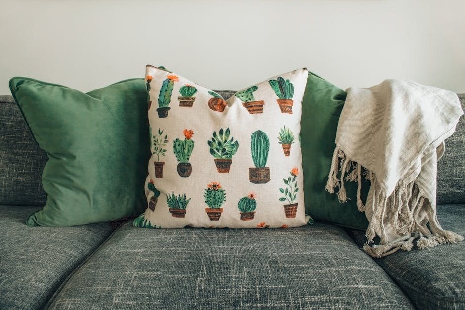 A modern living room with green cushions, cactus pillow, and cozy throw blanket on a sofa.