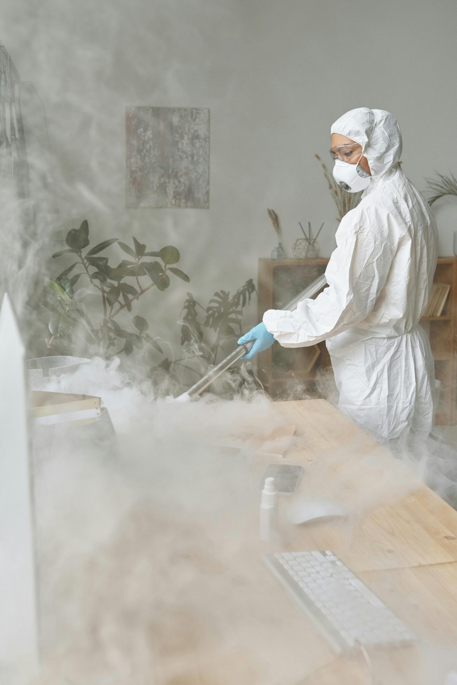 Woman wearing PPE suit disinfecting desk in a smoke-filled office for hygiene.